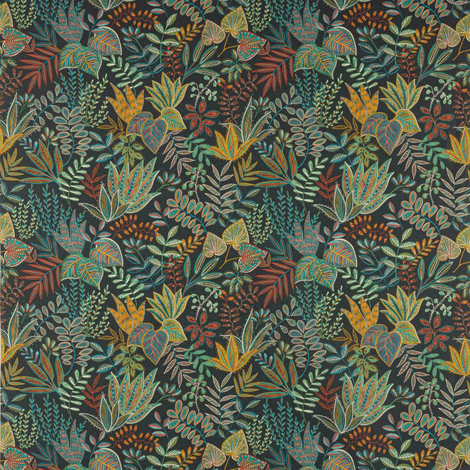 Charcoal botanical fabric with layered teal, ochre and rust leaves