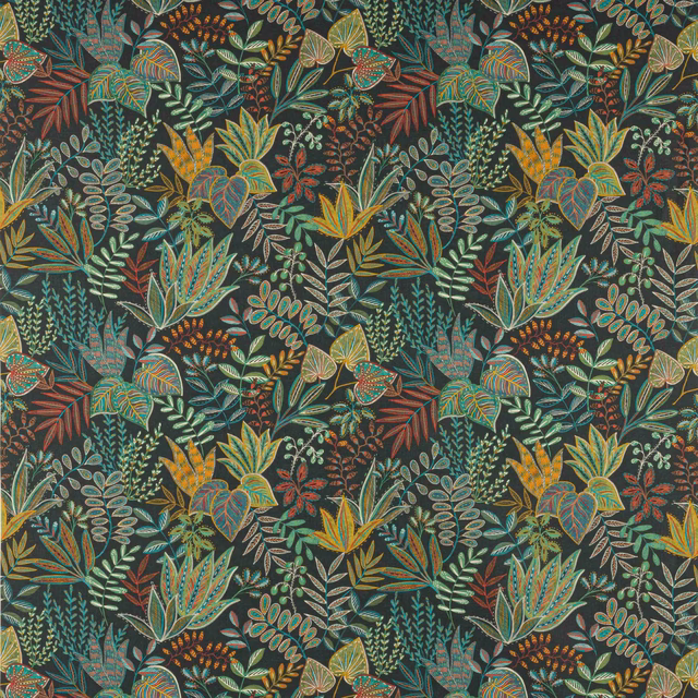 Charcoal botanical fabric with layered teal, ochre and rust leaves