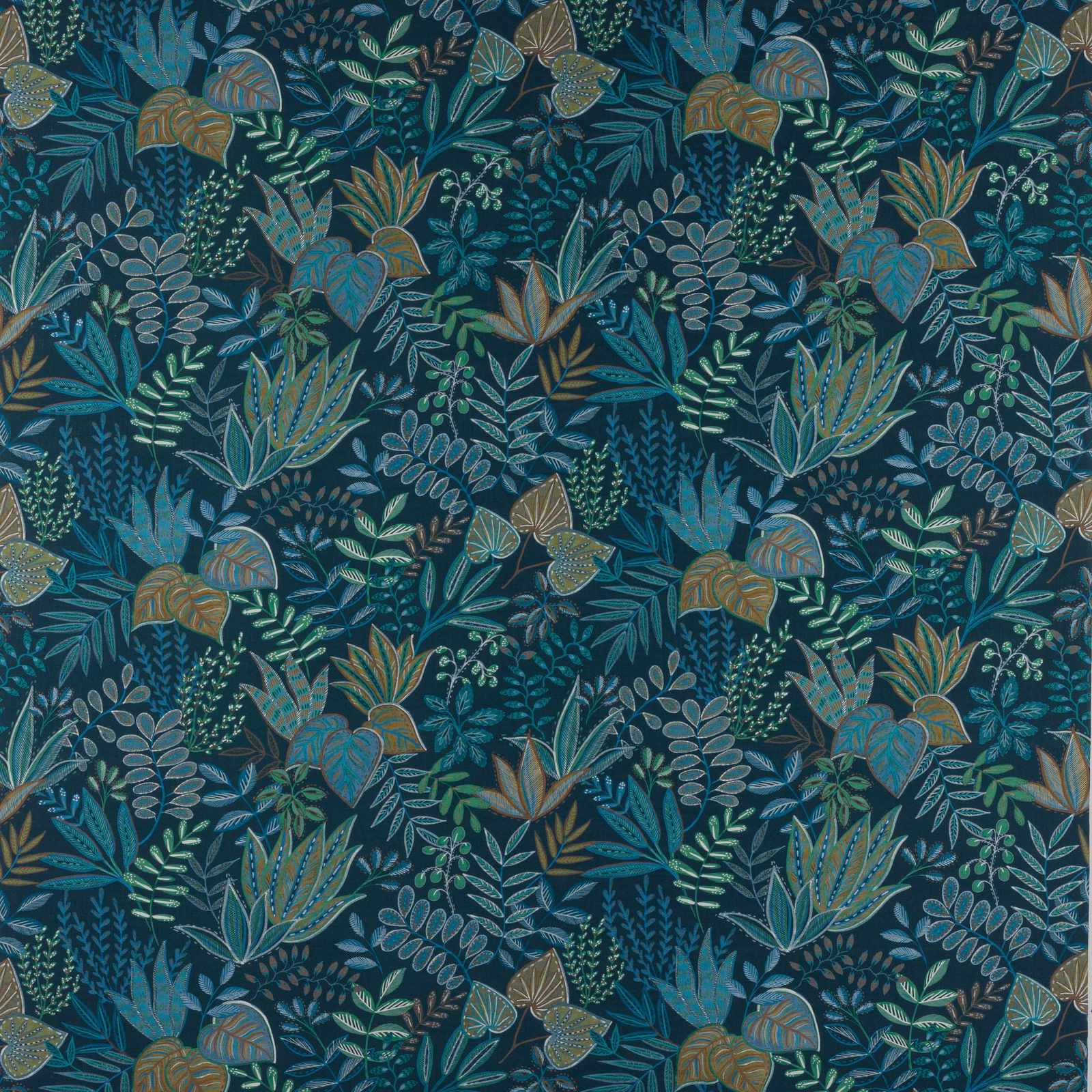 Dense botanical fabric swatch in deep teal with layered leaf motifs in sage, aqua and muted gold