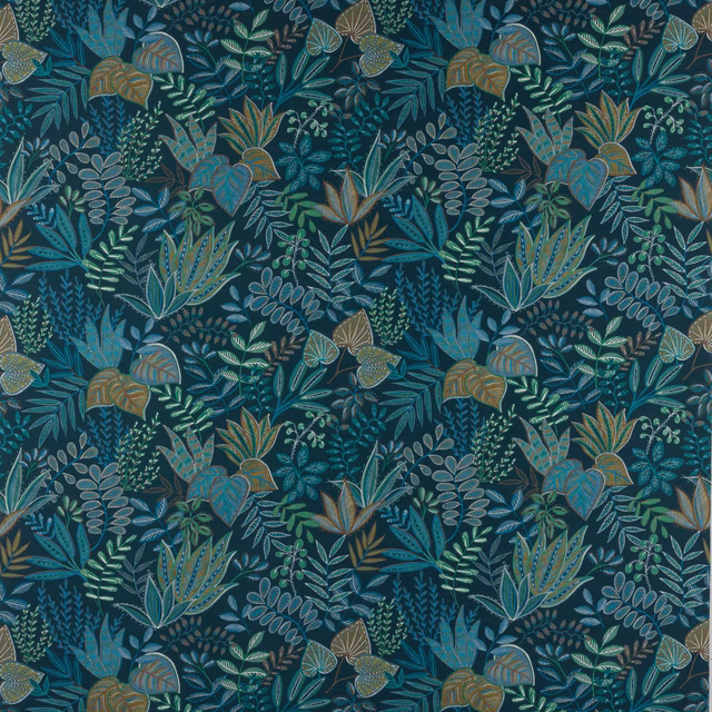Dense botanical fabric swatch in deep teal with layered leaf motifs in sage, aqua and muted gold