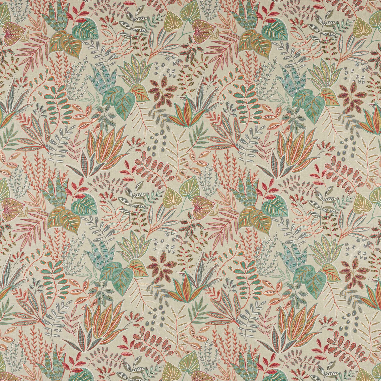 Cream botanical fabric with large pastel leaf and floral motifs in mint, coral and sage