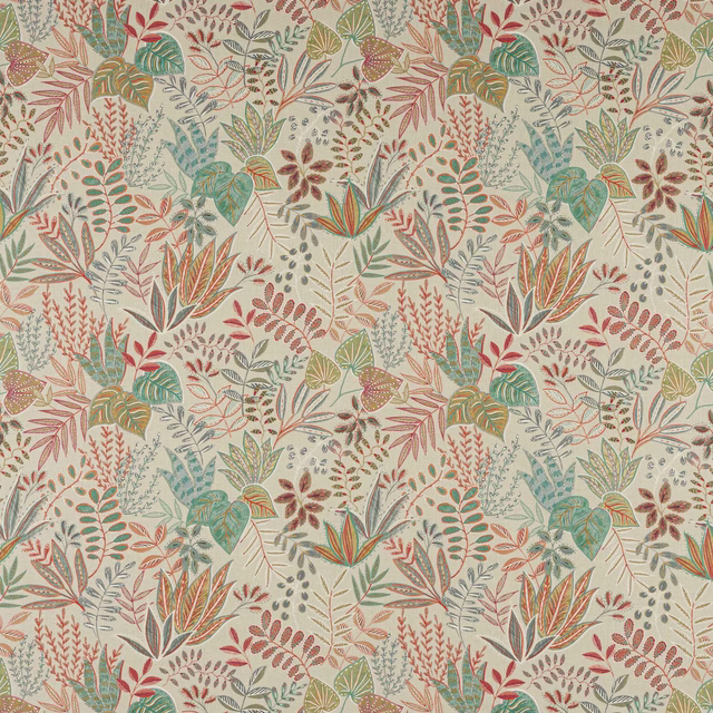 Cream botanical fabric with large pastel leaf and floral motifs in mint, coral and sage