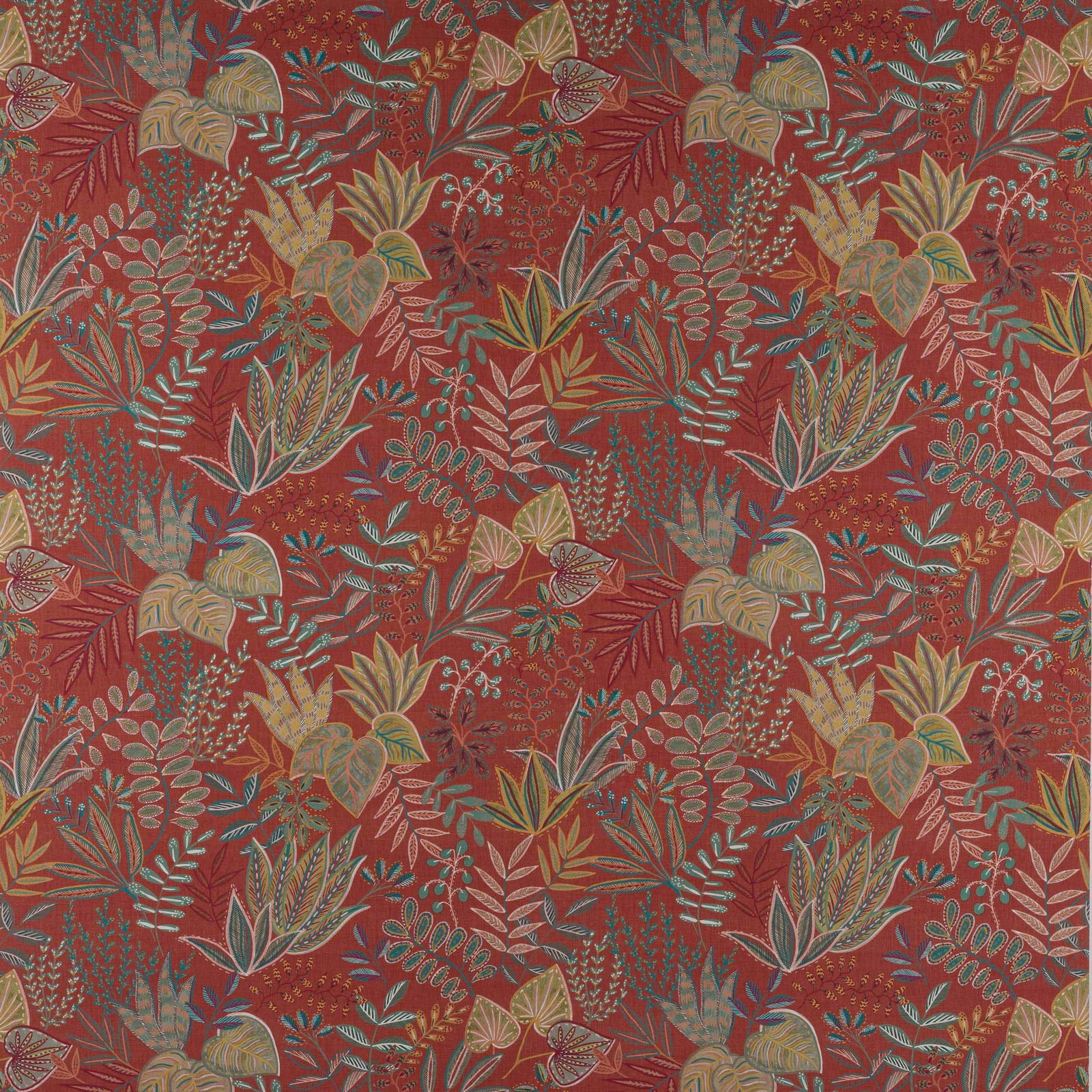 Leafy botanical print on paprika red fabric with teal, sage and ochre details