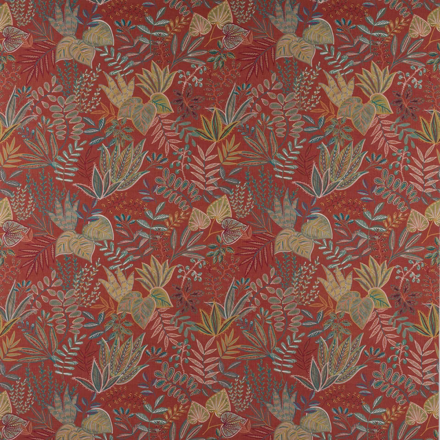 Leafy botanical print on paprika red fabric with teal, sage and ochre details