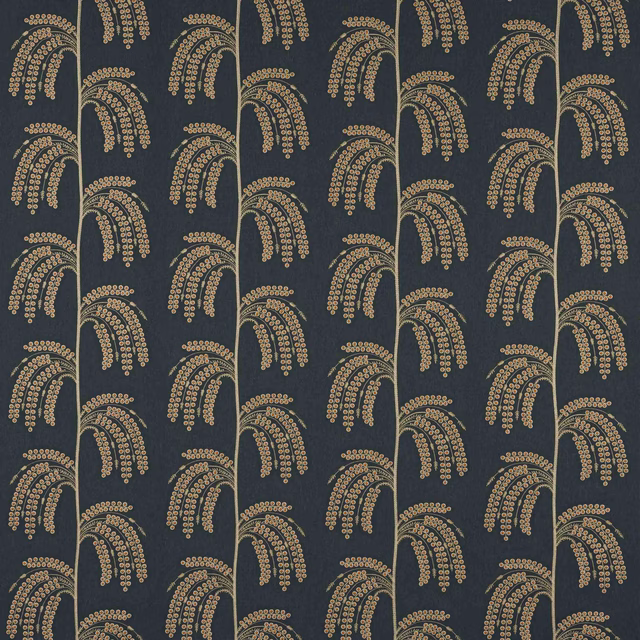 Dark indigo patterned fabric with copper arcing dot motifs