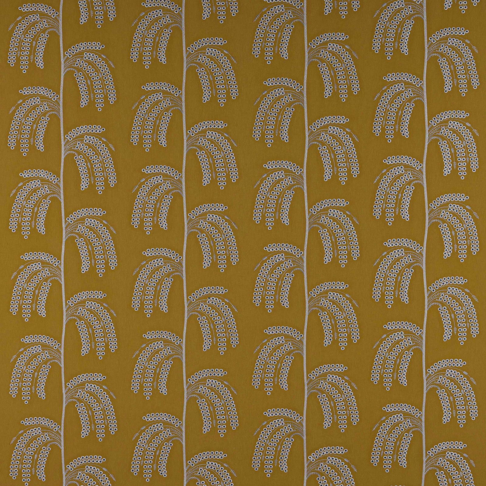 Ochre fabric with repeating charcoal arch motifs and dotted detailing