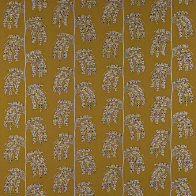 Ochre fabric with repeating charcoal arch motifs and dotted detailing
