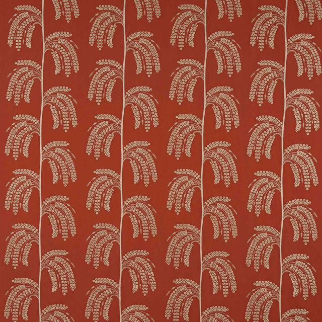 Paprika red-orange woven fabric with repeating arcing old-gold dotted motifs