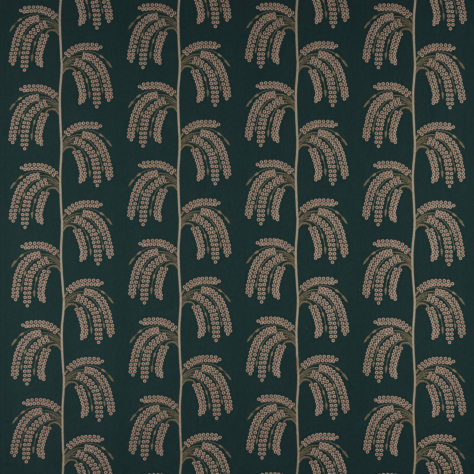 Deep teal patterned fabric with repeating burnt orange dotted fan arcs