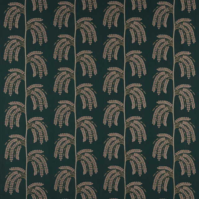 Deep teal patterned fabric with repeating burnt orange dotted fan arcs