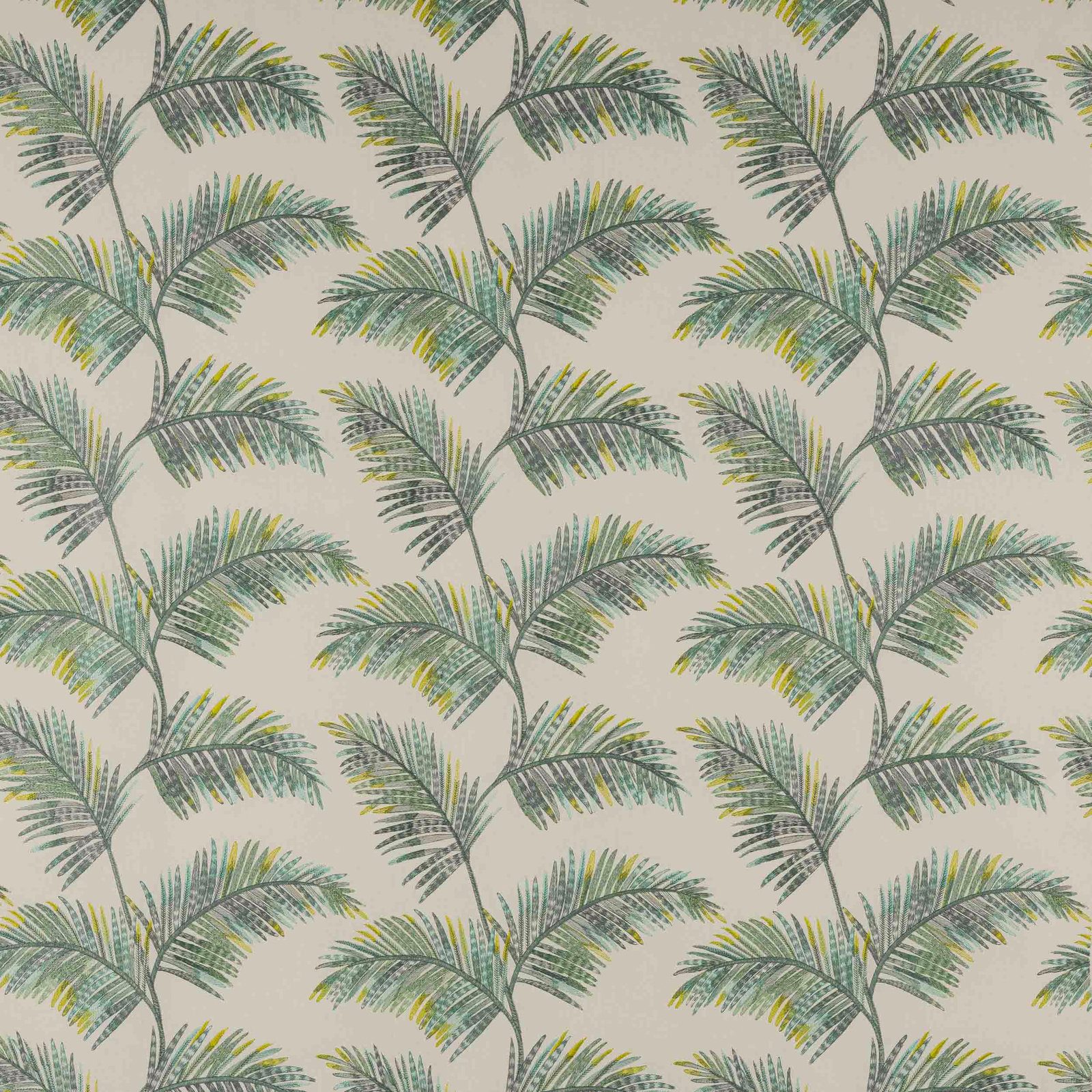 Pale ground fabric with repeating soft green palm fronds and yellow accents