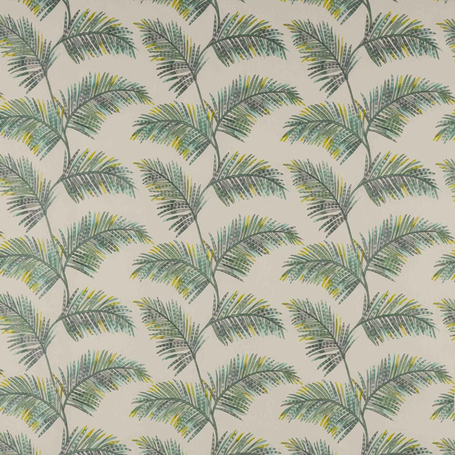 Pale ground fabric with repeating soft green palm fronds and yellow accents