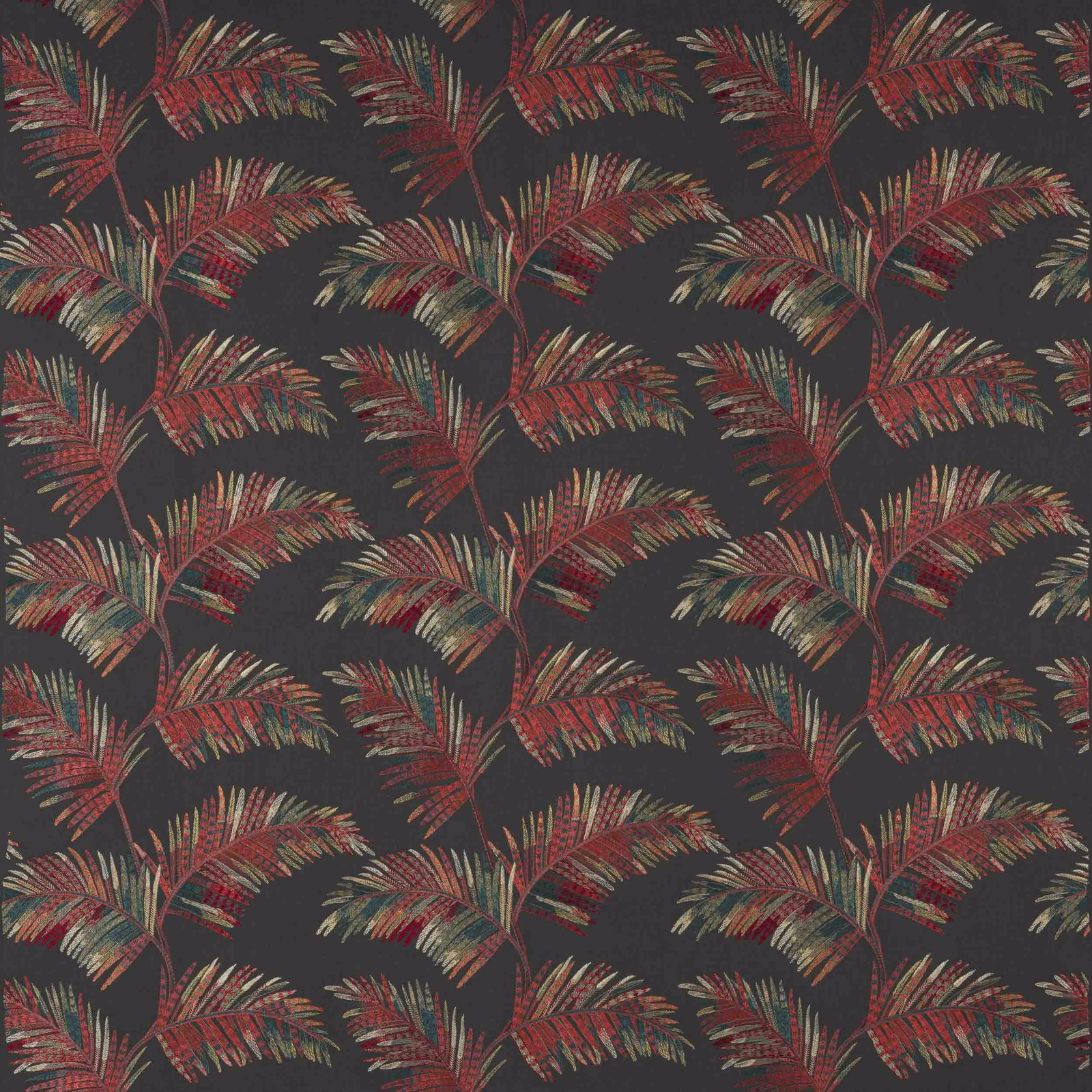 Dark charcoal fabric with repeating palm fronds in pink, rust and muted green