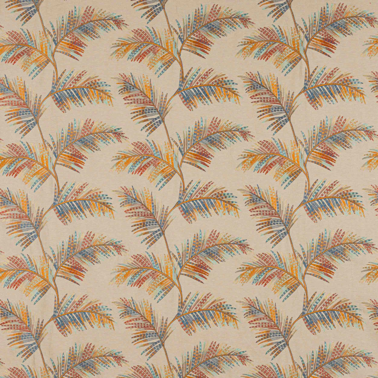 Repeated palm frond motif in blue, coral and gold on a warm cream ground