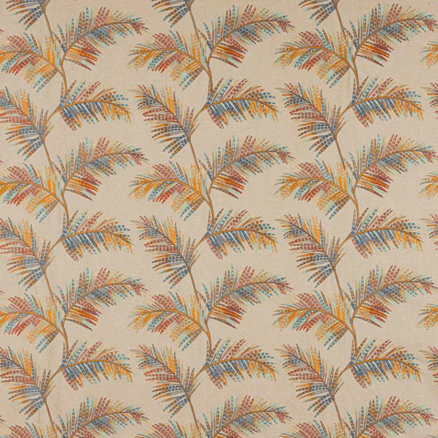 Repeated palm frond motif in blue, coral and gold on a warm cream ground