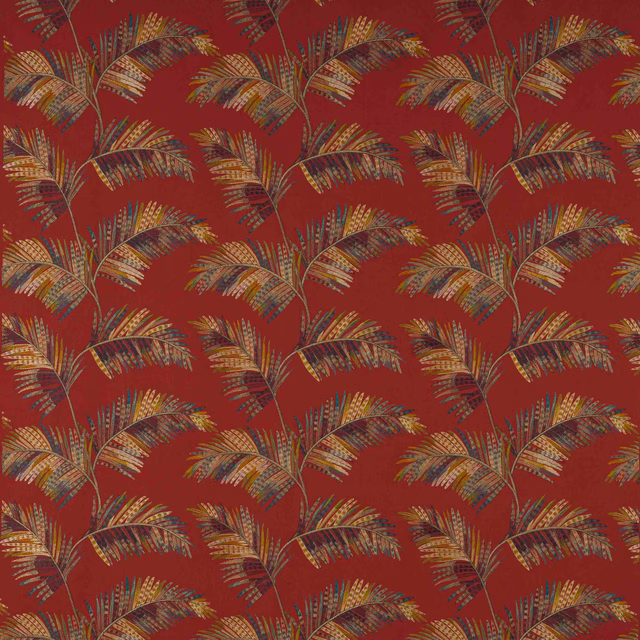Paprika red palm leaf fabric with multicoloured fronds on a warm ground