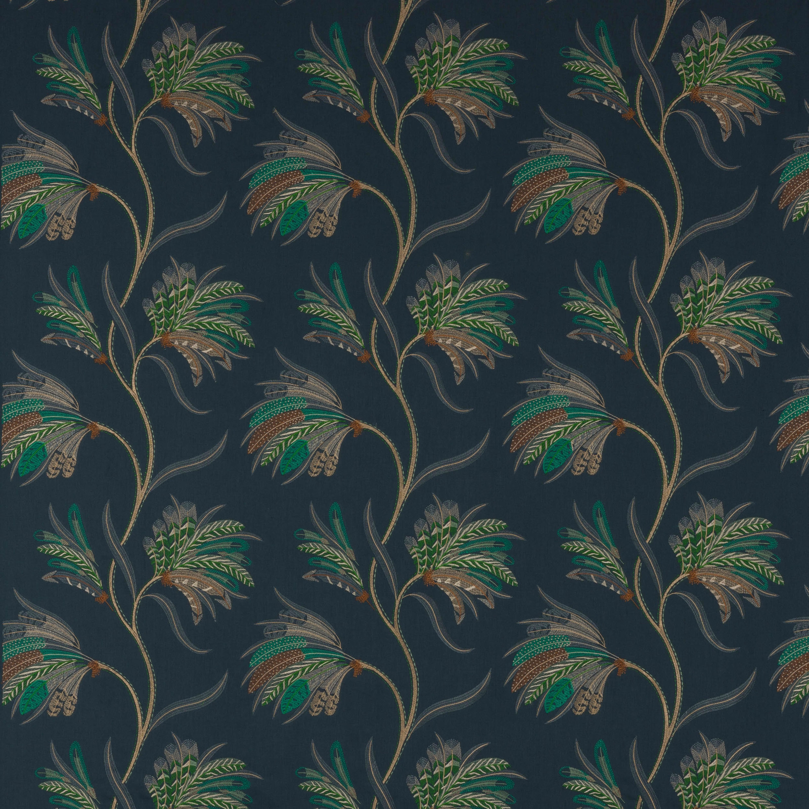 Dark indigo fabric with stylised leafy floral motifs in green, taupe and rust