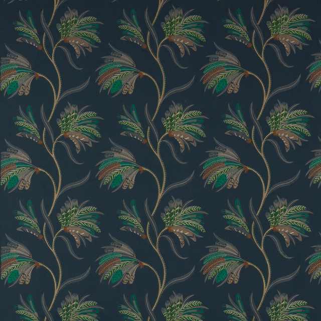 Dark indigo fabric with stylised leafy floral motifs in green, taupe and rust