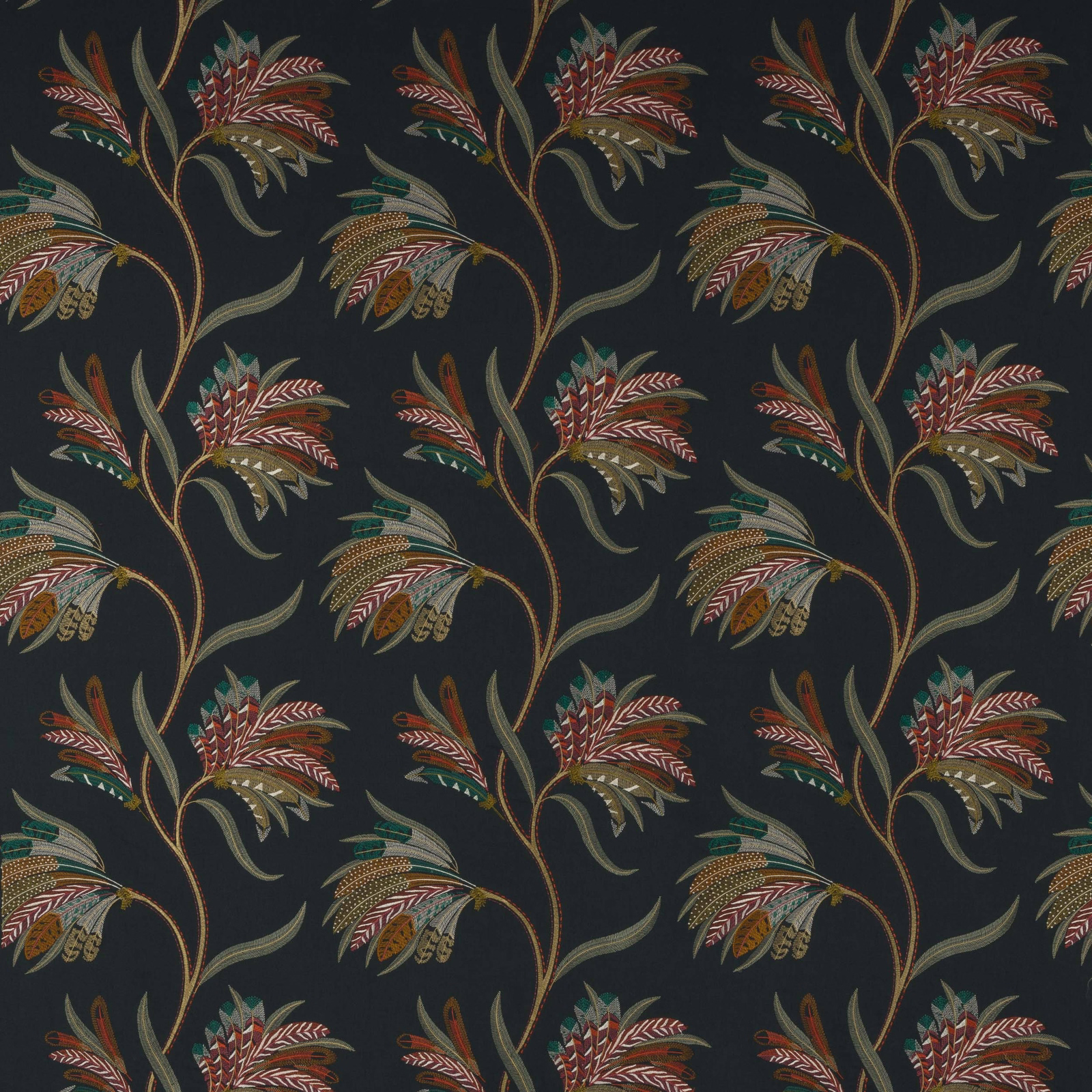 Dark navy fabric with trailing botanical stems and multicoloured leaf sprays