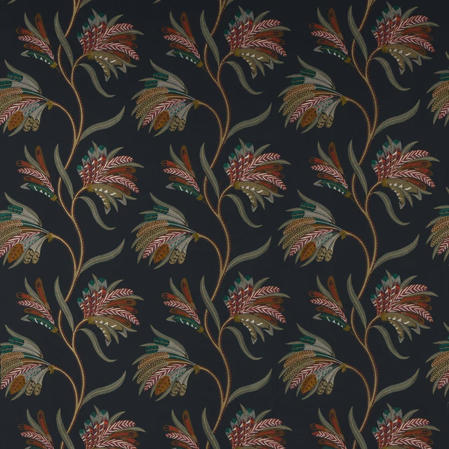 Dark navy fabric with trailing botanical stems and multicoloured leaf sprays