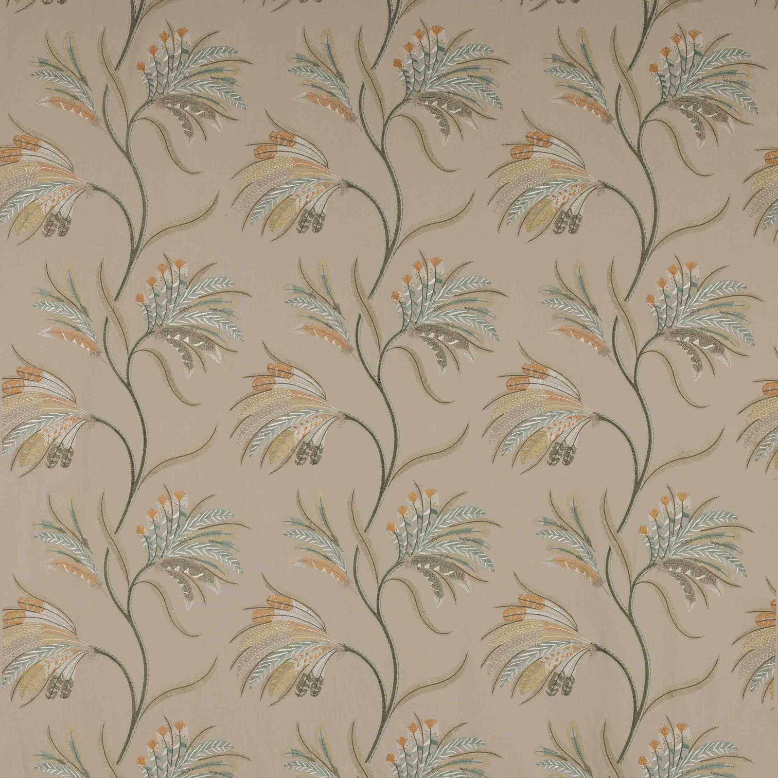 Beige floral fabric swatch with sage, aqua and apricot trailing stems