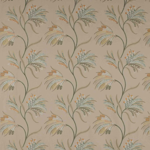 Beige floral fabric swatch with sage, aqua and apricot trailing stems
