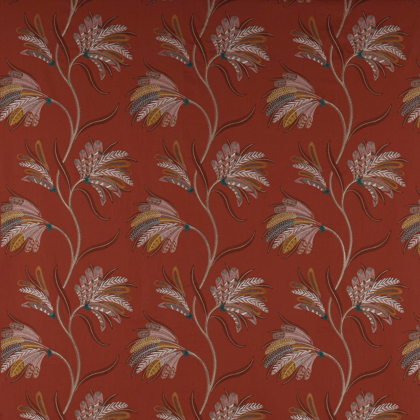 Terracotta-red botanical fabric swatch with scrolling leaf motifs in ivory, taupe and mustard