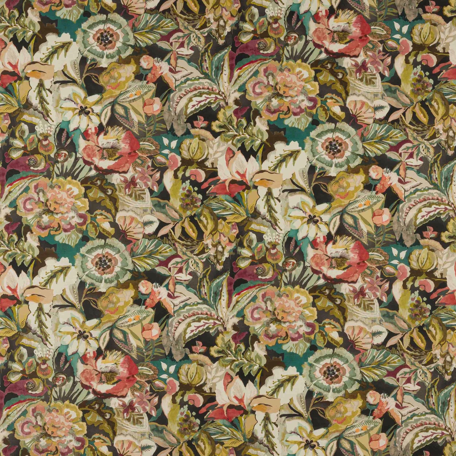 Dense botanical floral fabric on a charcoal ground with teal, blush and cream blooms