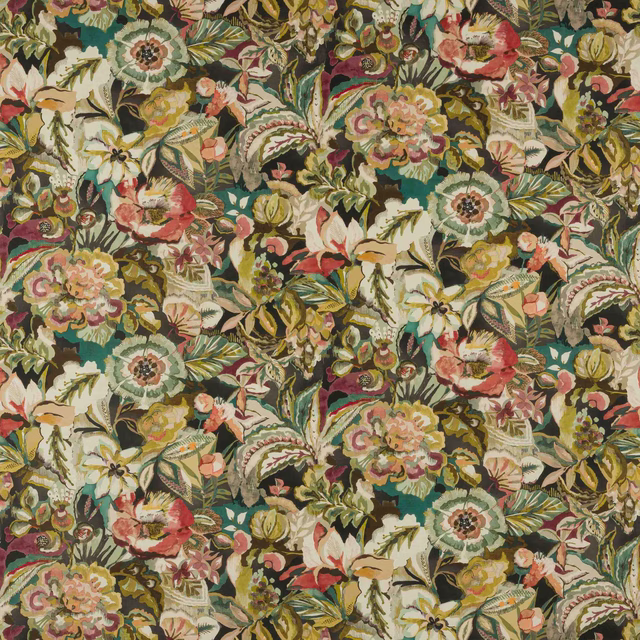 Dense botanical floral fabric on a charcoal ground with teal, blush and cream blooms