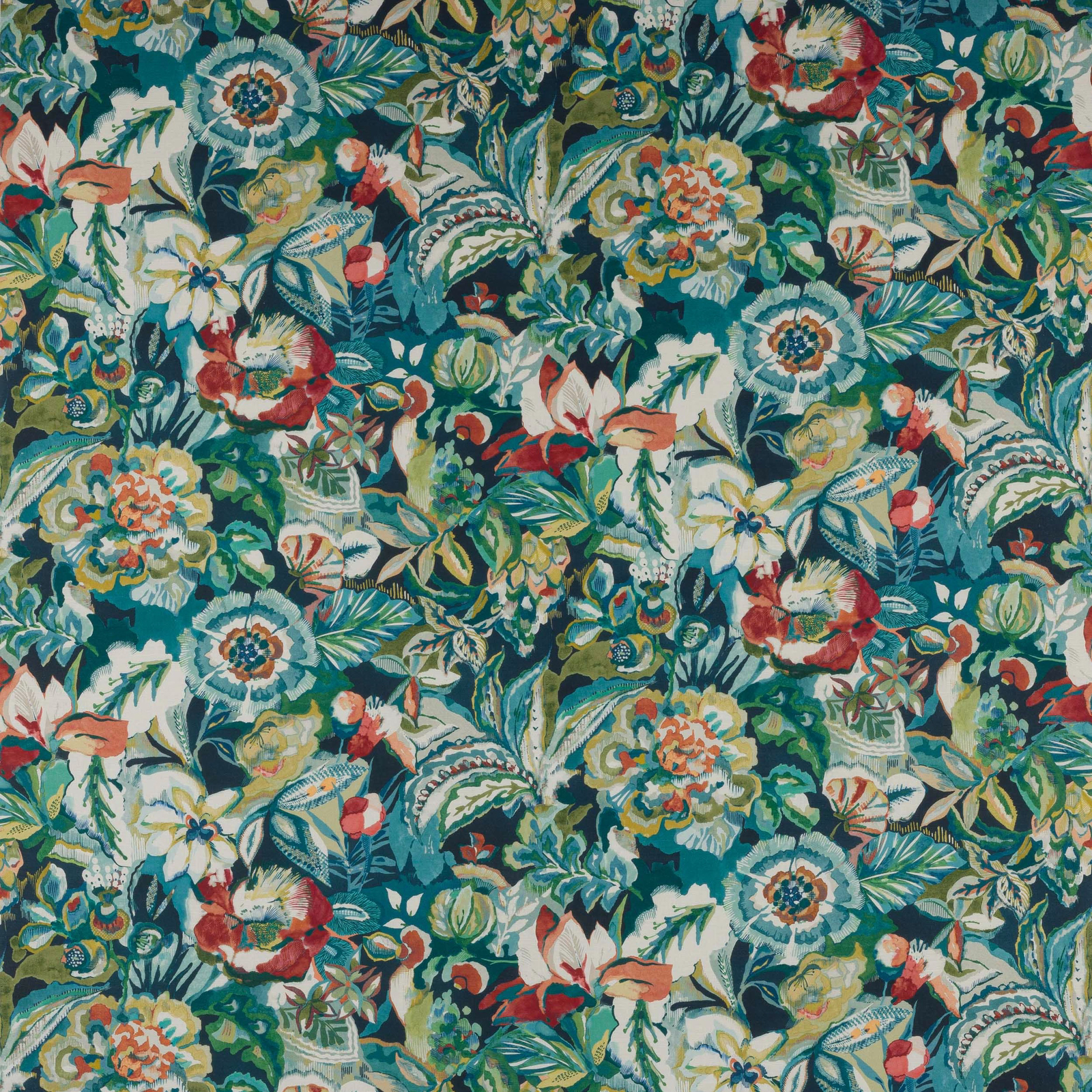Large-scale botanical floral fabric on a deep teal ground with cream, aqua and coral flowers