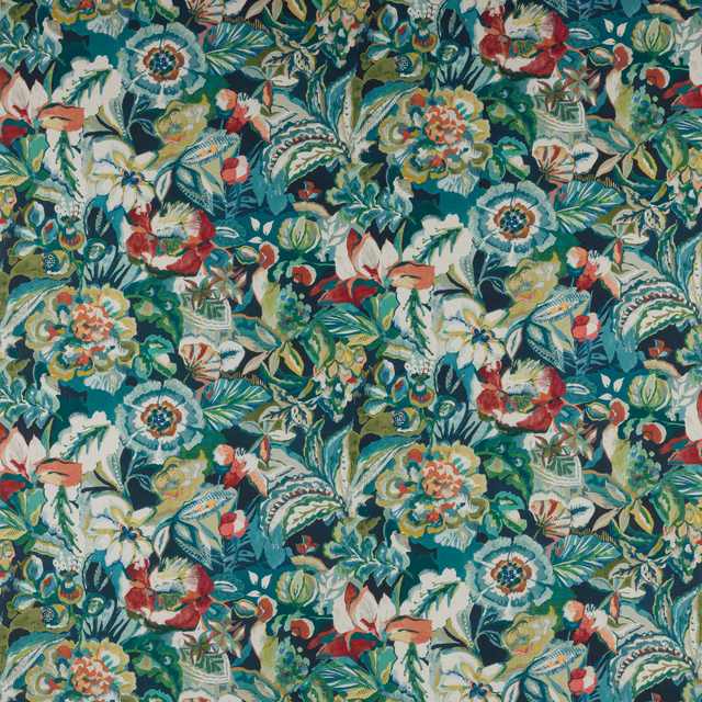 Large-scale botanical floral fabric on a deep teal ground with cream, aqua and coral flowers