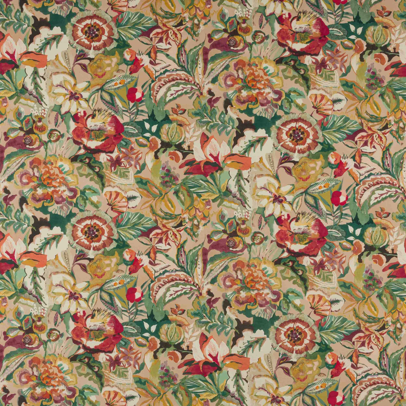 Painterly floral fabric in blush pink, coral, sage green and ochre tones
