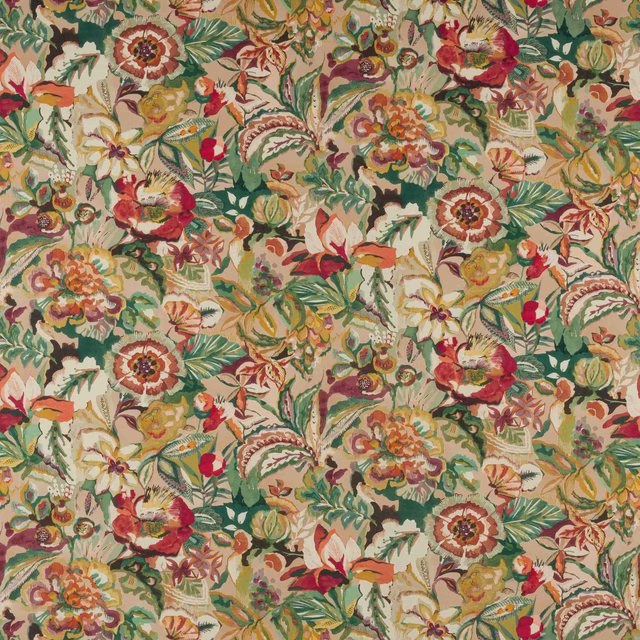 Painterly floral fabric in blush pink, coral, sage green and ochre tones