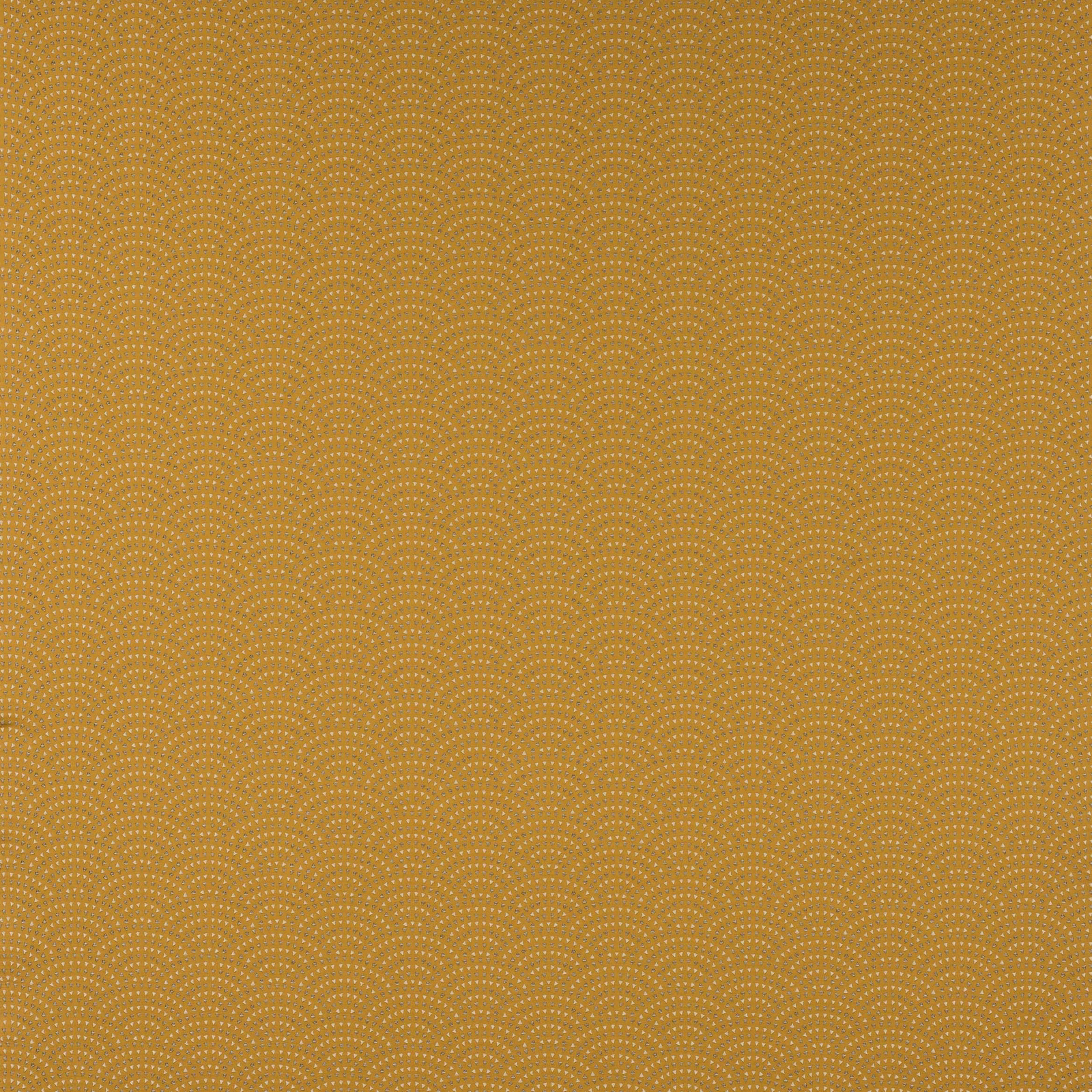 Warm gold woven fabric with tiny dotted scalloped arcs in a neat repeat
