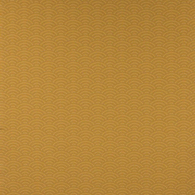 Warm gold woven fabric with tiny dotted scalloped arcs in a neat repeat