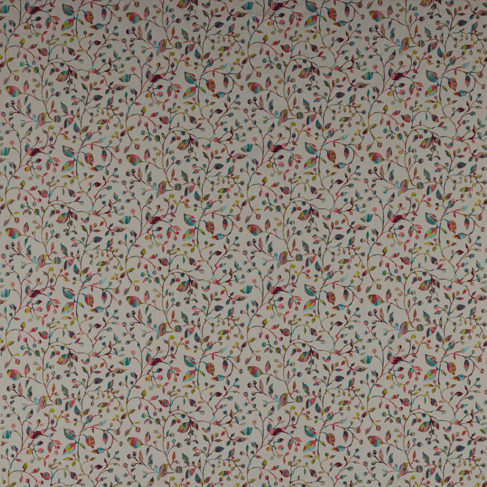 Cream fabric swatch with multicoloured trailing vine and leaf print