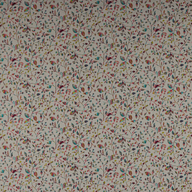 Cream fabric swatch with multicoloured trailing vine and leaf print