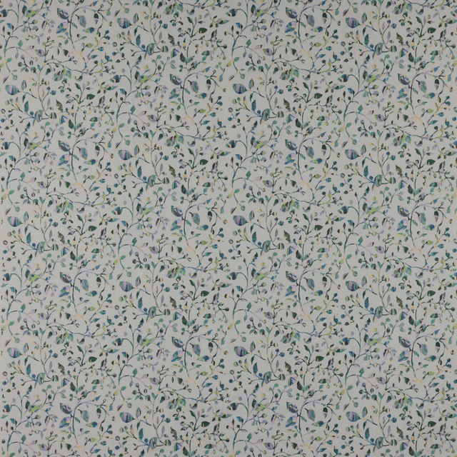 Small trailing floral print in soft green-blue on a pale ground