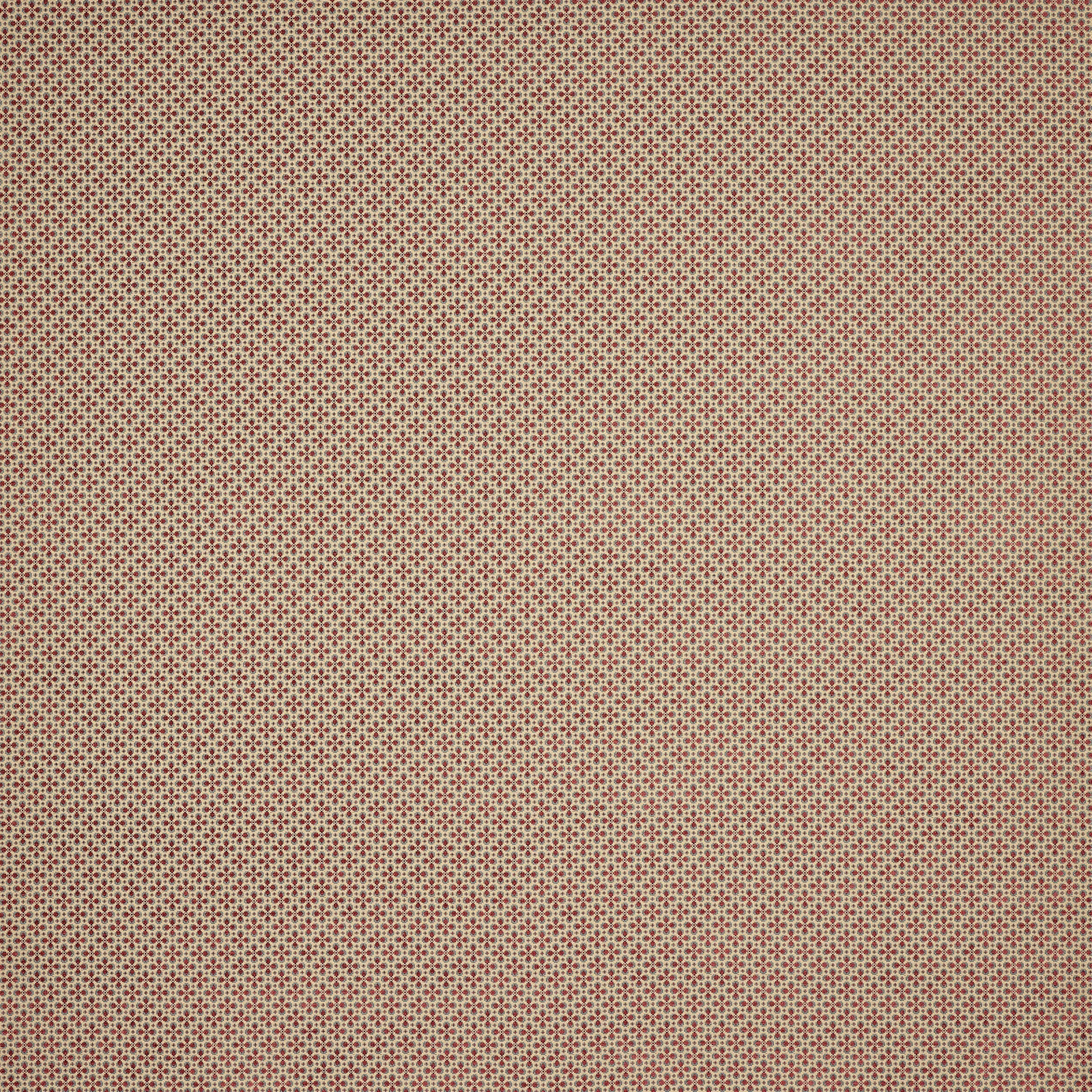 Close-up of small red dot pattern on a pale slate ground, tightly repeated