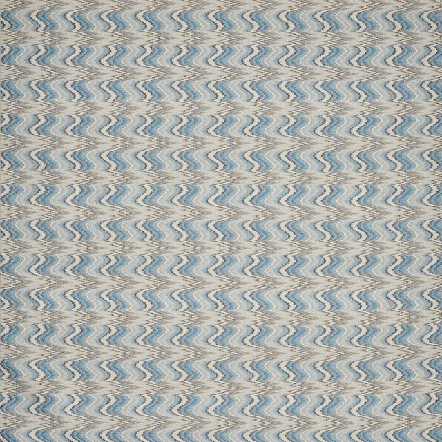 Pale blue and beige zigzag woven fabric swatch with textured stripe pattern