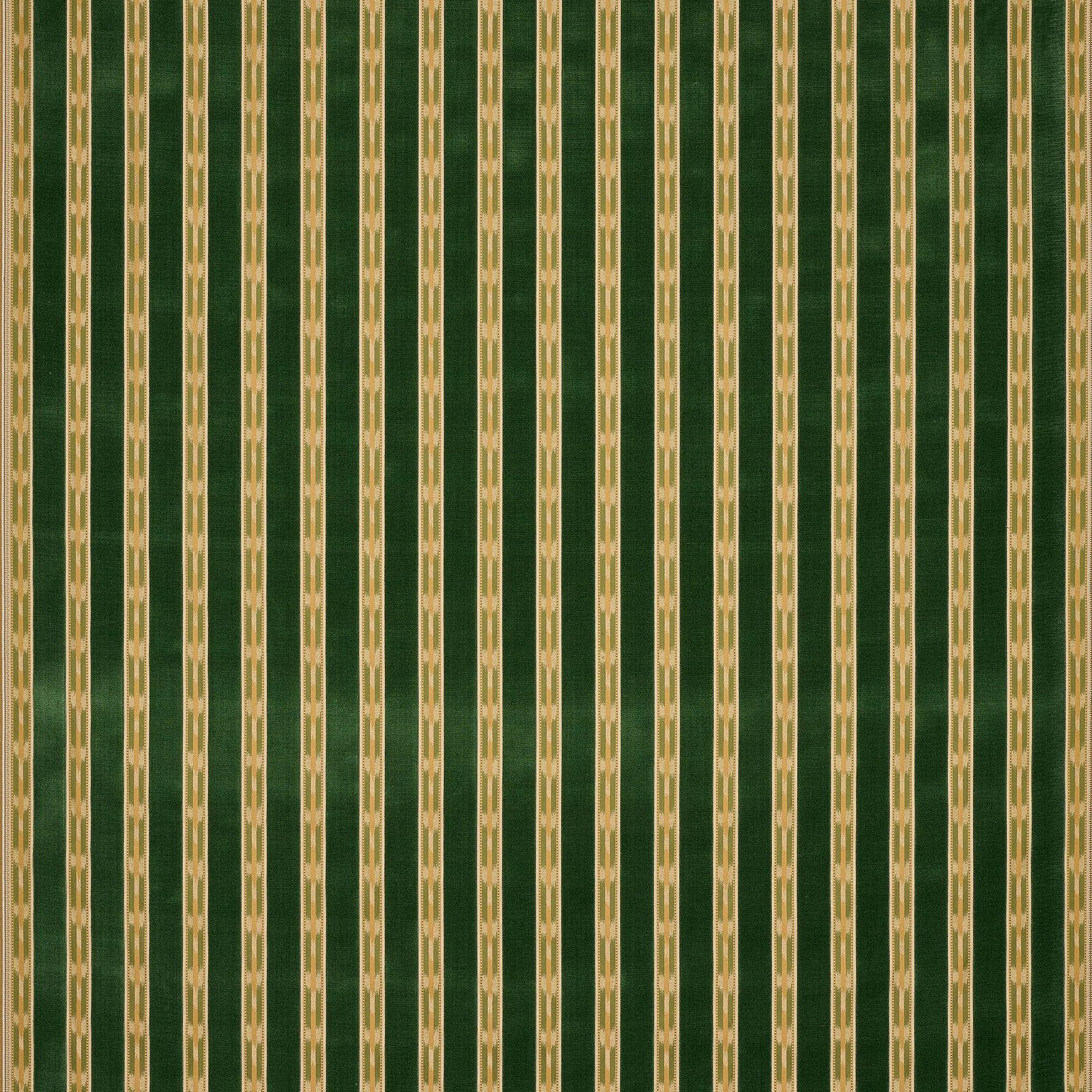 Vertical forest green striped fabric with narrow gold and olive bands