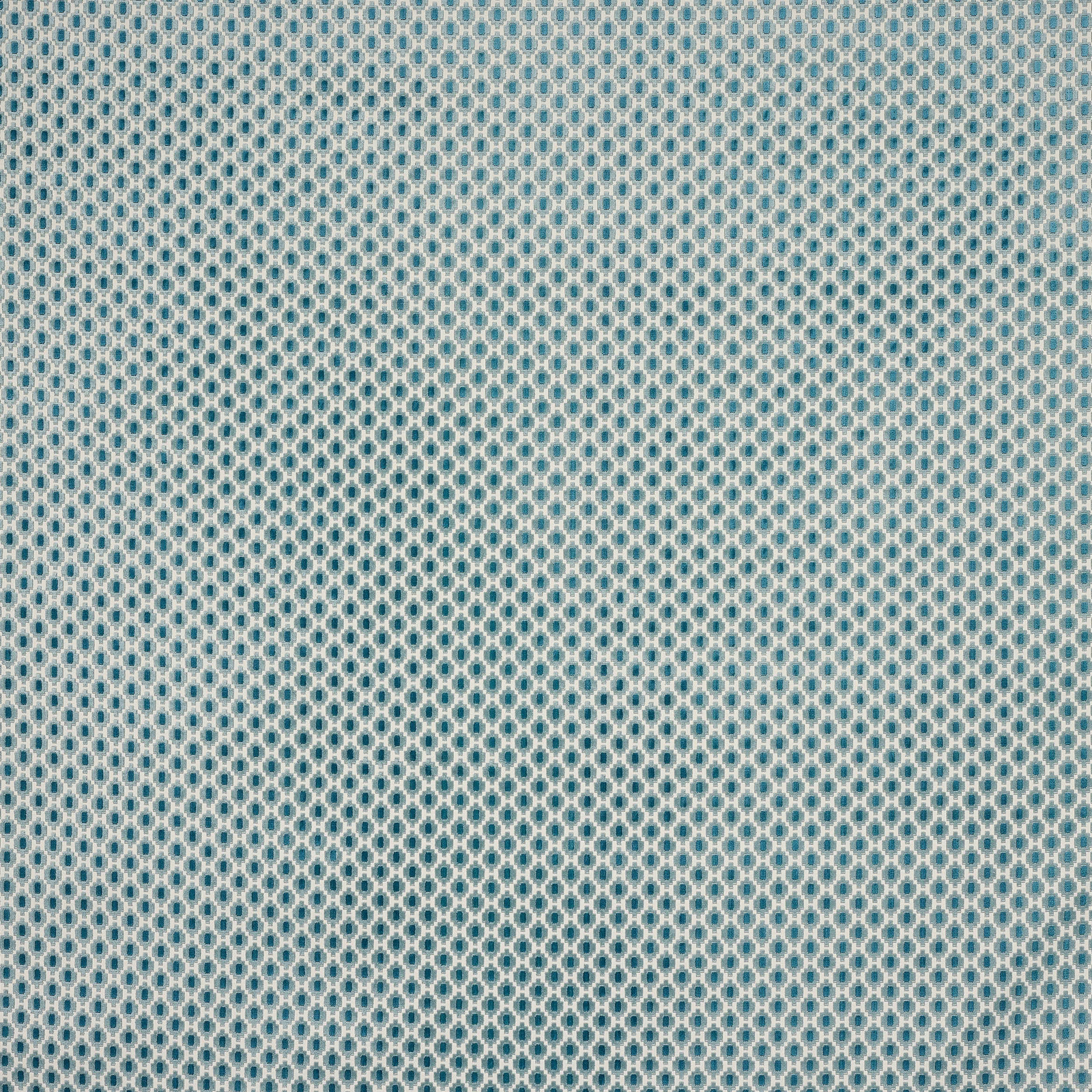 Small blue-teal geometric cotton fabric with tiny diamond motifs on a pale ground