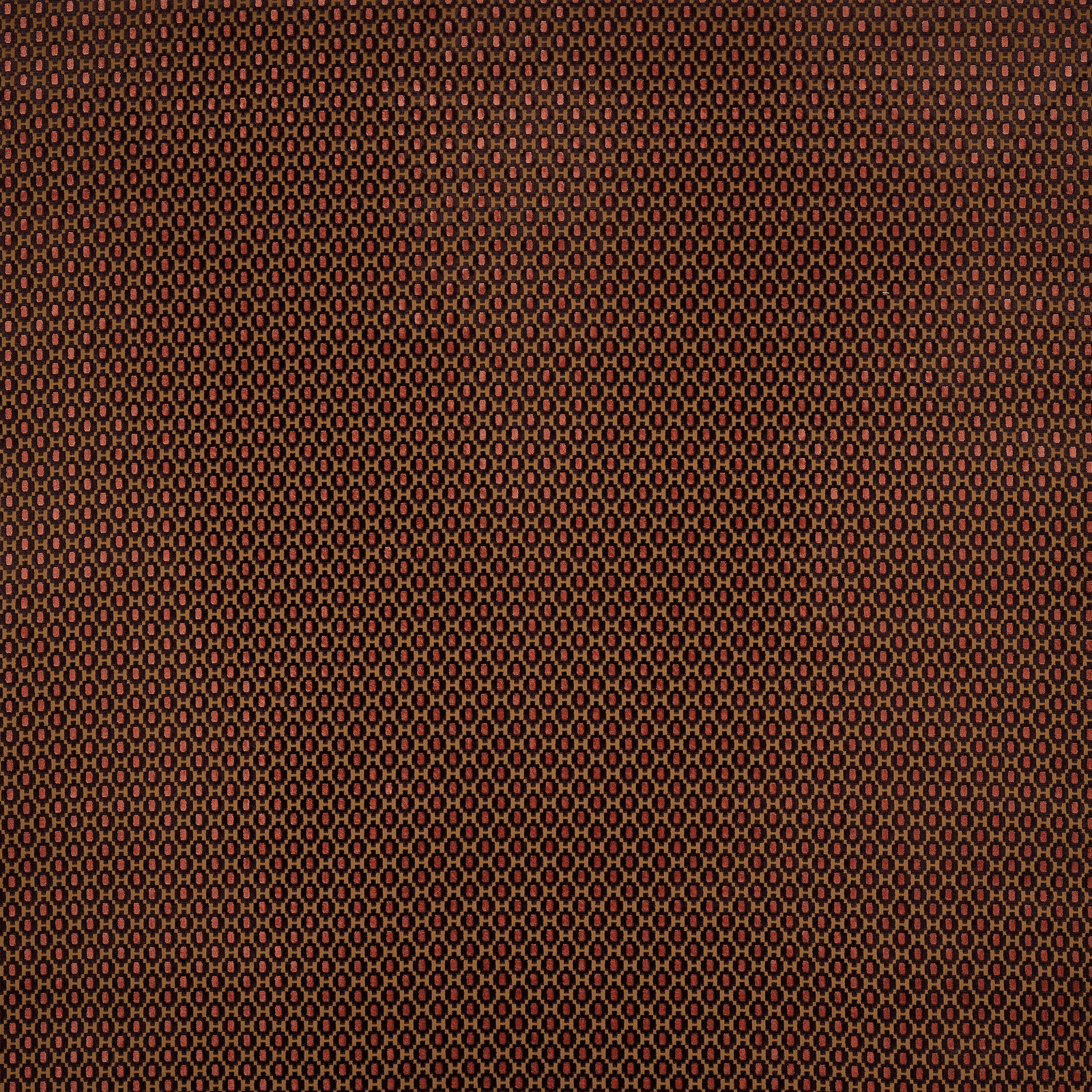 Close-up of small chocolate brown geometric cotton fabric with russet and tan accents