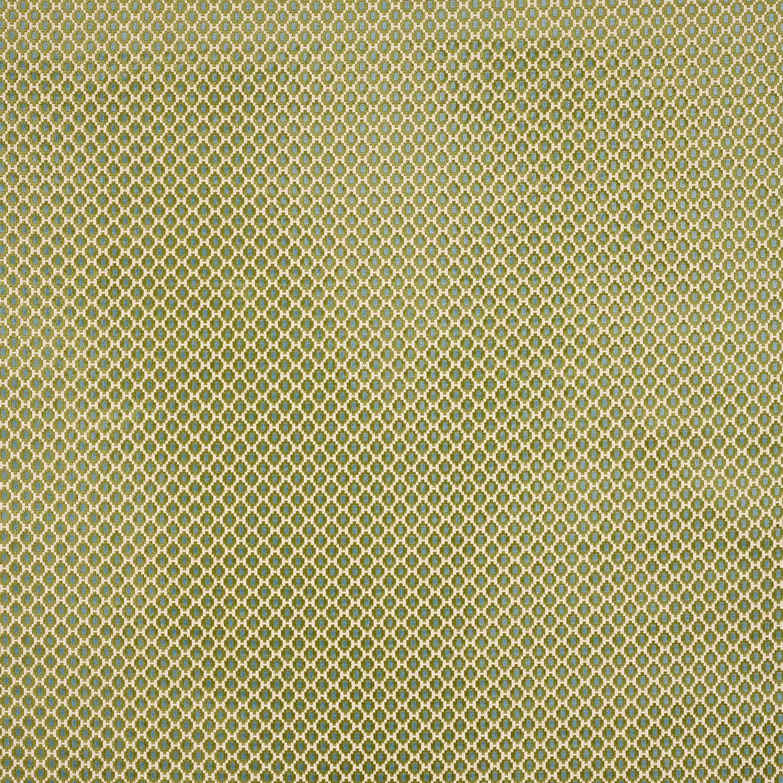 Small repeating moss green and gold geometric lattice cotton fabric swatch
