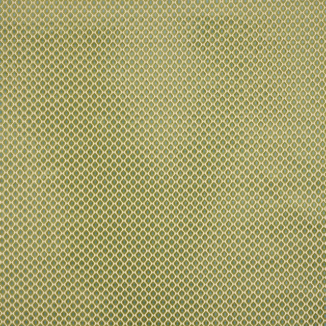 Small repeating moss green and gold geometric lattice cotton fabric swatch