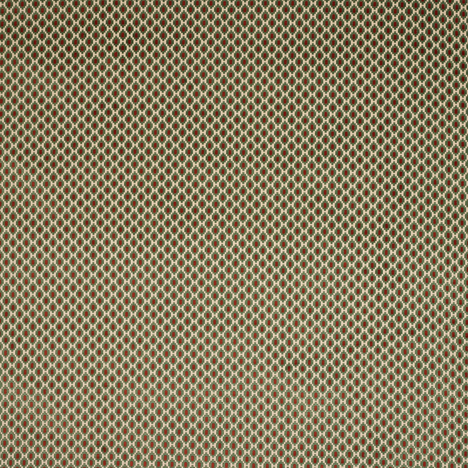 Small geometric sage green cotton fabric with red diamond-like motifs
