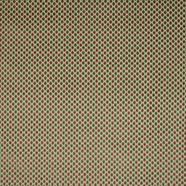 Small geometric sage green cotton fabric with red diamond-like motifs