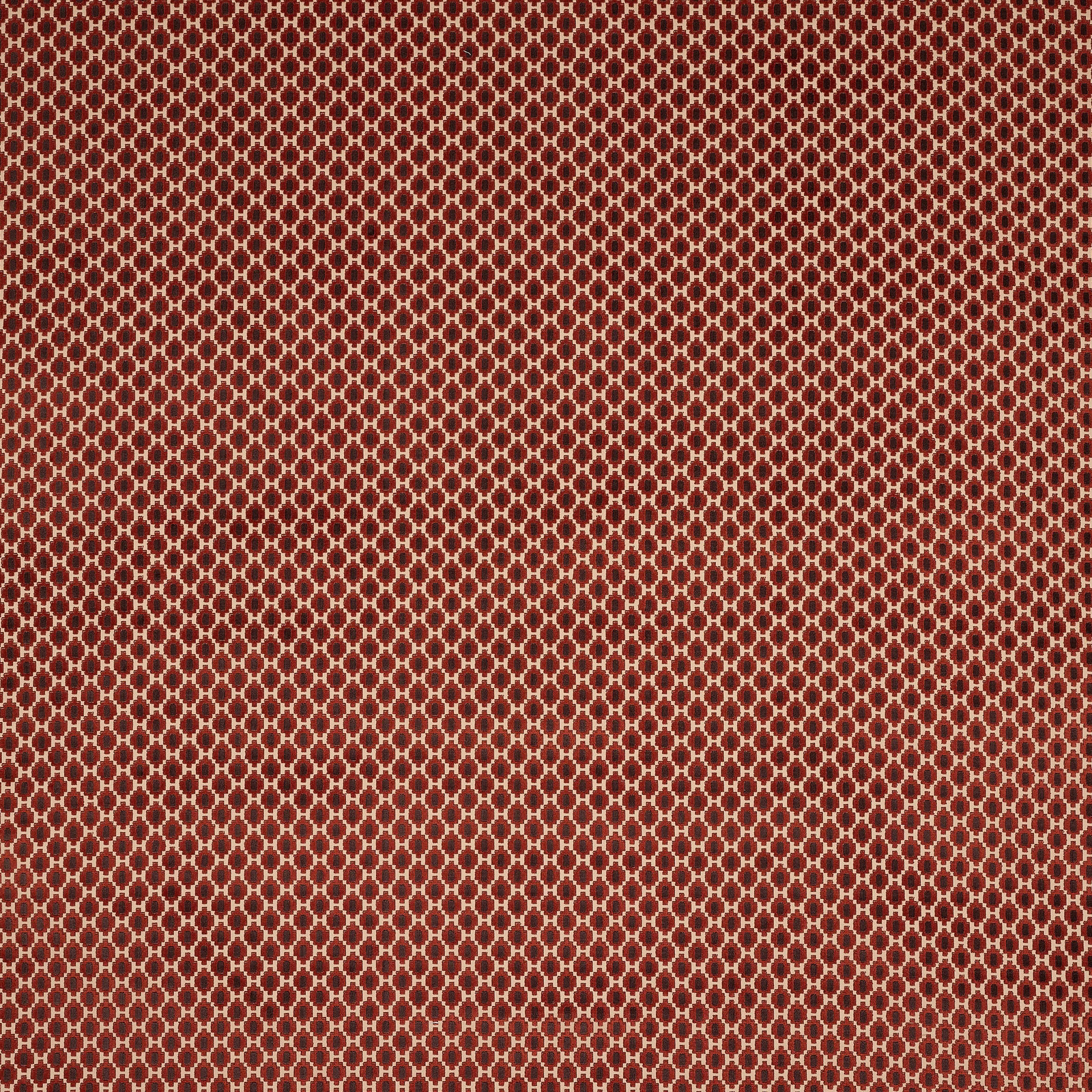 Small repeating geometric cotton fabric in deep tomato red and burgundy