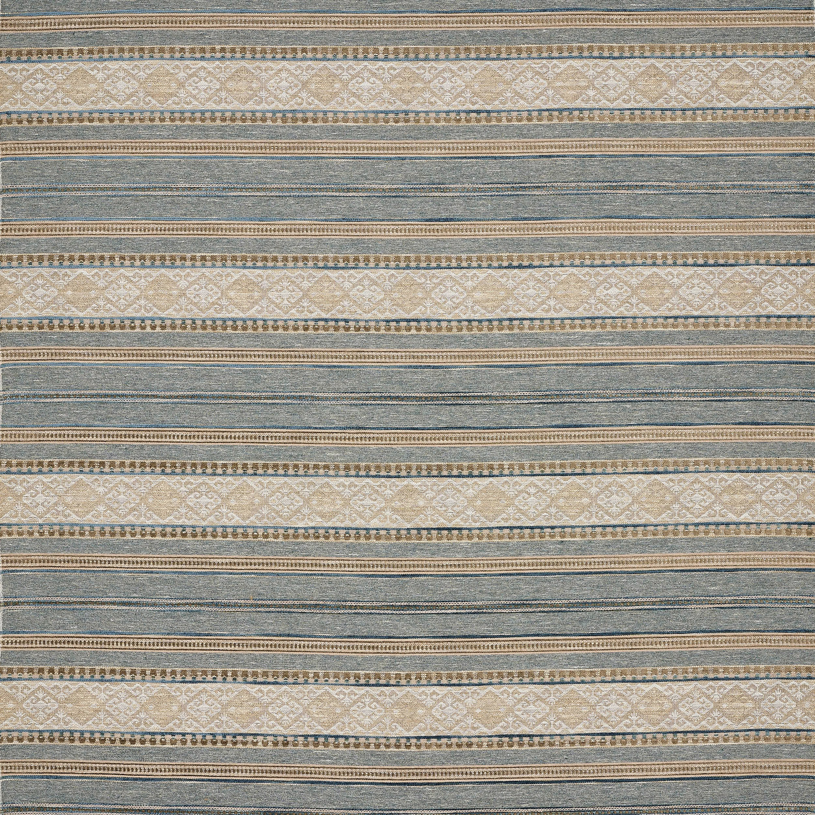 Blue, cream and beige striped woven fabric swatch with fine decorative bands