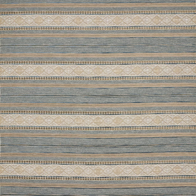 Blue, cream and beige striped woven fabric swatch with fine decorative bands